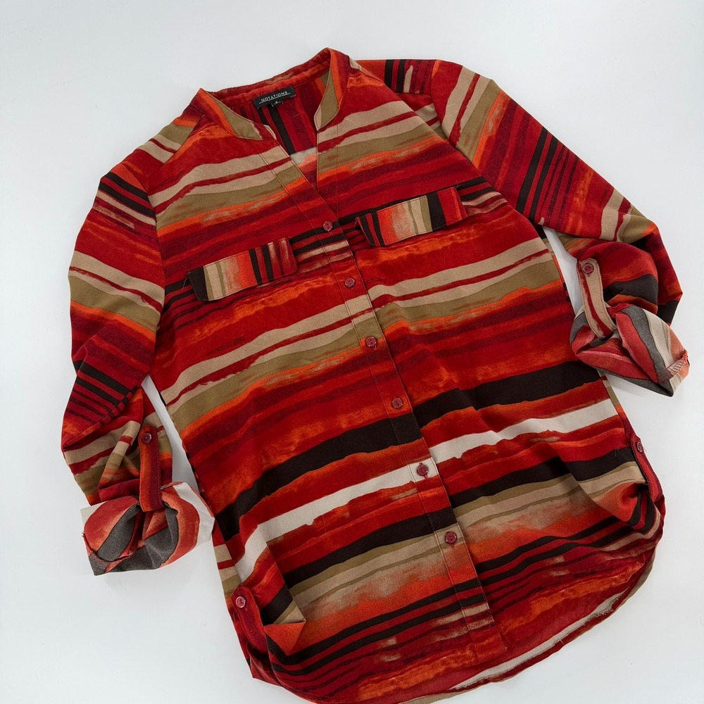 Notations Shirt Button Down Roll Tab Modern Womens Size Small Red Multi Stripe